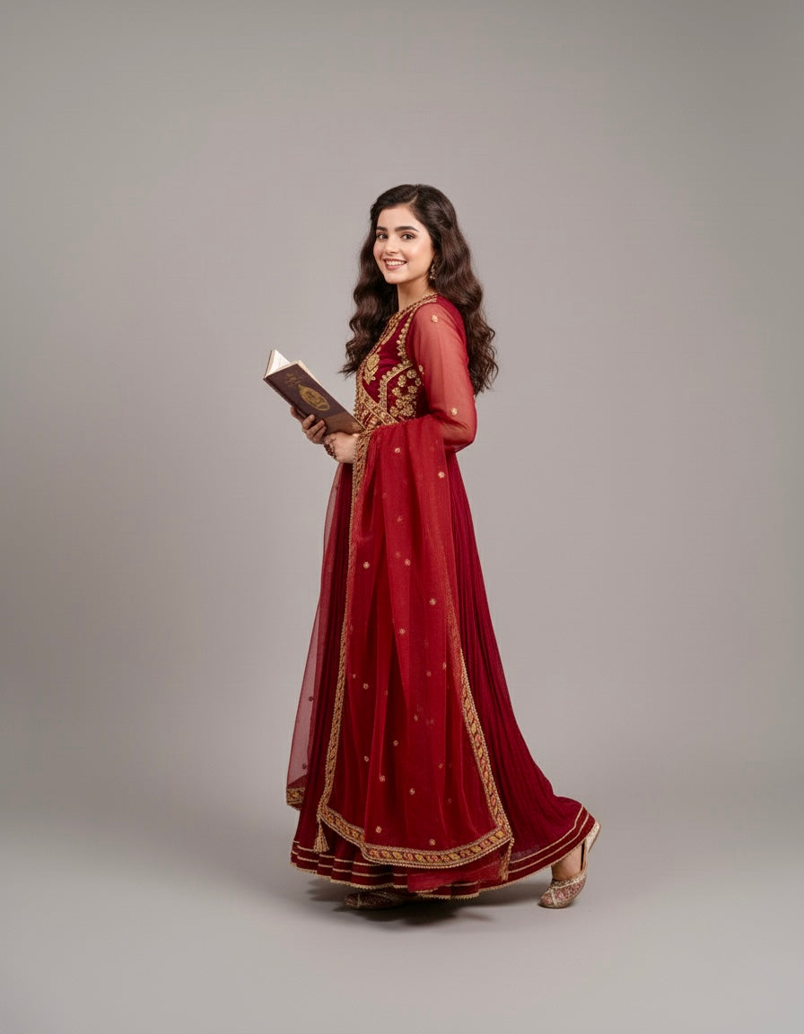 Huda Maroon – 3PC Crush Silk Set