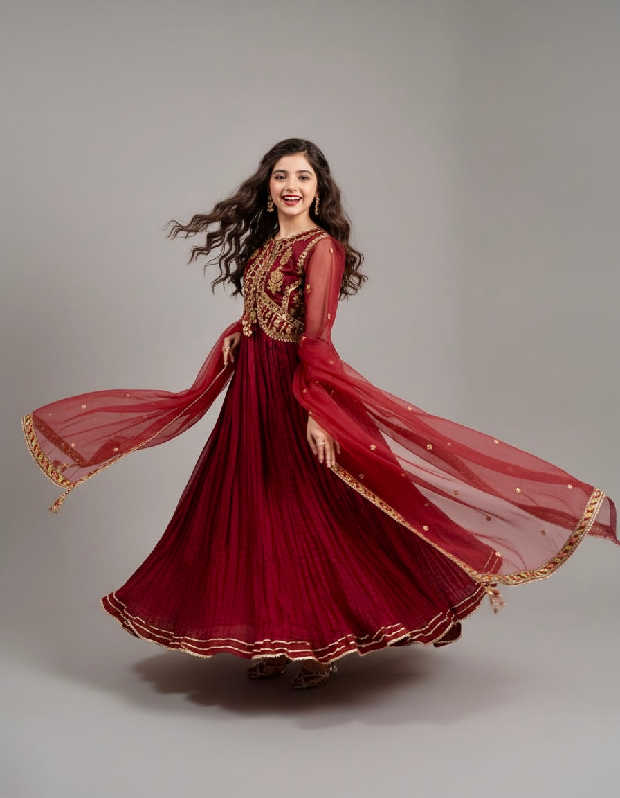 Huda Maroon – 3PC Crush Silk Set