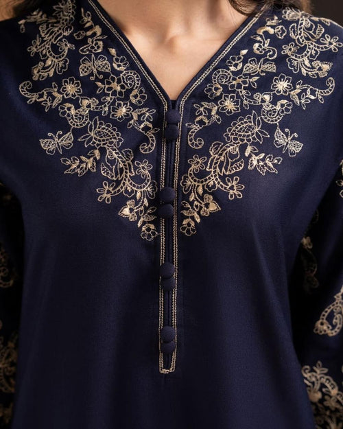 Azure Bloom – Embroidered Stone Linen 2-Piece Set