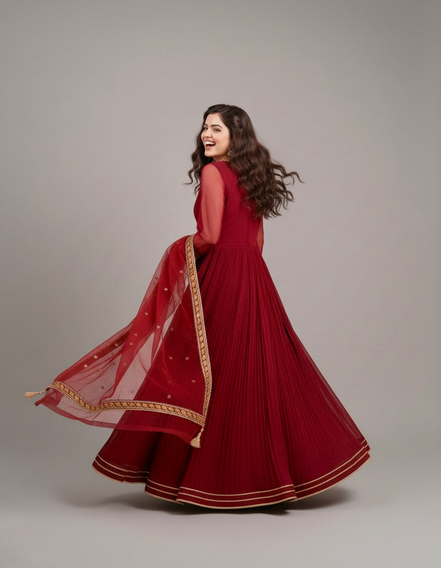 Huda Maroon – 3PC Crush Silk Set