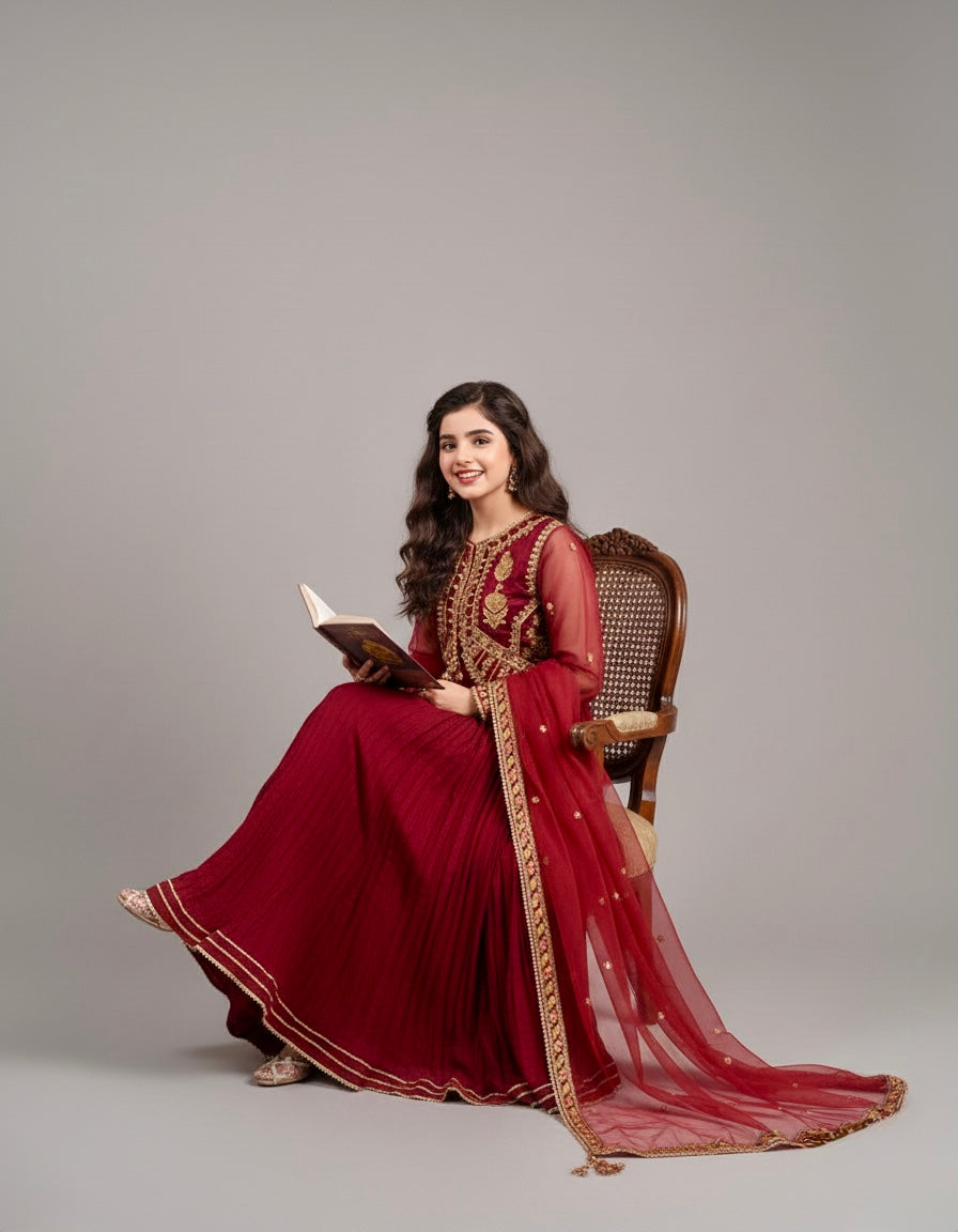 Huda Maroon – 3PC Crush Silk Set