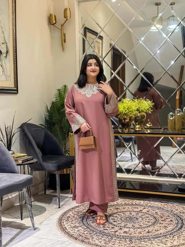 Rukhsaar by Durmaan – Embroidered Stone Linen 2-Piece Set