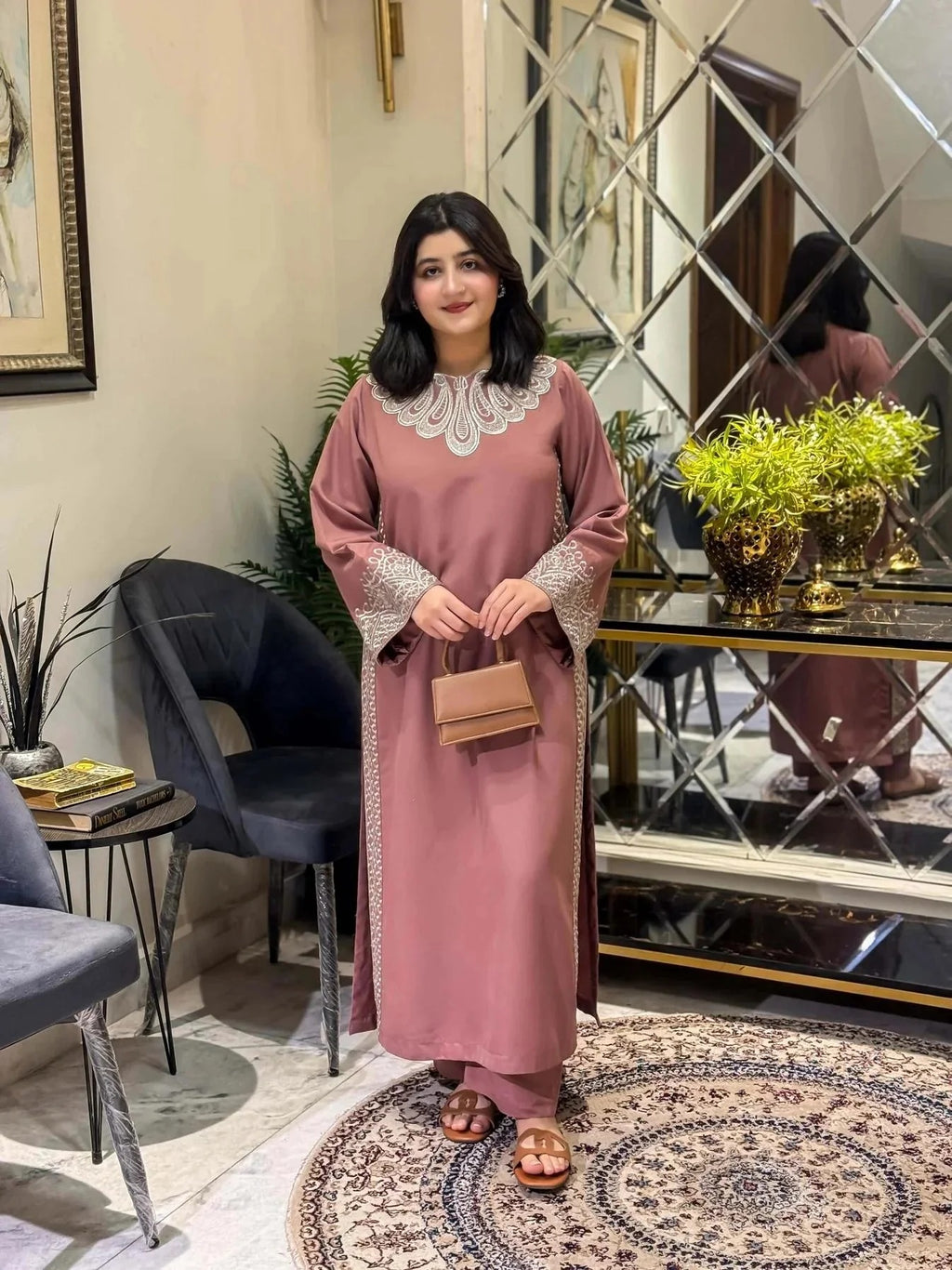 Rukhsaar by Durmaan – Embroidered Stone Linen 2-Piece Set